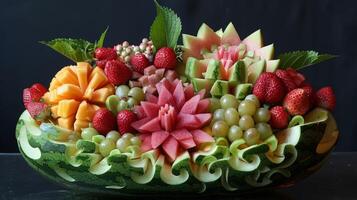 a intrincadamente esculpido Melancia preenchidas com uma misturar do tropical frutas criando uma lindo peça central para uma festa foto