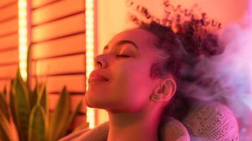uma mulher com dela olhos fechadas inalar a caloroso purificado ar dentro uma privado infravermelho sauna quarto alívio dela sazonal alergias e seio congestionamento. foto