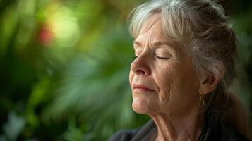 uma fechar-se do uma Senior mulher face Como ela participa dentro uma guiado respiração exercício dela expressão sereno e dela mente centrado com uma pano de fundo do calmante vegetação foto