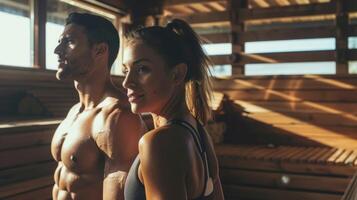 uma casal incorporando uma pós-treino sauna sessão para dentro seus ginástica rotina. foto