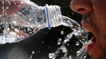 uma pessoa leva uma trago do gelado água a partir de seus água garrafa a contraste entre quente e frio estimulante seus sentidos e promovendo uma Estado do equilíbrio. foto