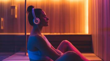 uma lado perfil Visão do uma pessoa sentado de pernas cruzadas dentro a sauna com fones de ouvido em ouvindo para uma guiado relaxamento audio para Socorro eles desestressar. foto