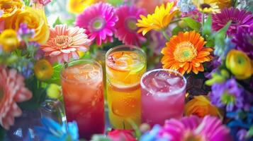 uma vibrante ramalhete do flores em uma mesa cercado de óculos preenchidas com colorida mocktails foto