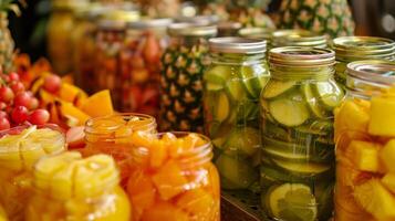 uma colorida matriz do tropical frutas Incluindo abacaxi mamão e goiabas ser preparado para enlatar dentro vidro frascos foto