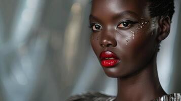 uma fechar-se tiro do uma modelo olhando às a Câmera com intenso esfumaçado olhos e negrito vermelho batom vestindo uma estruturada metálico vestido foto