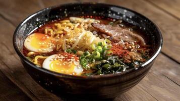 uma tentador tigela do flamejante y ramen ostentação uma rico e esfumaçado caldo este é ambos y e viciante saboroso. rodopiou com concurso Macarrão e coberto com uma borrifar do mais ardente foto