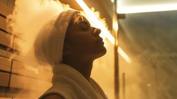 uma paciente praticando profundo respiração exercícios enquanto dentro a sauna usando a calor e vapor para Socorro Claro seus mente e promover uma sentido do calma. foto