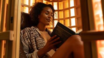 uma mulher lendo uma livro enquanto sentado dentro a infravermelho sauna achando uma sentido do Paz e facilidade Como a sauna ajuda para aliviar dela enxaqueca sintomas. foto