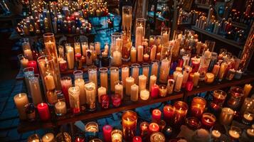 cada recanto e cranny preenchidas com velas do variando tamanhos e cores criando uma sonhadores etéreo sentir. 2d plano desenho animado foto