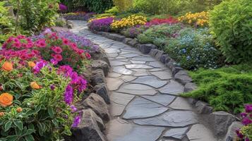 uma faça você mesmo pedra caminho enrolamento através uma lindo jardim forrado com colorida flores e arbustos foto