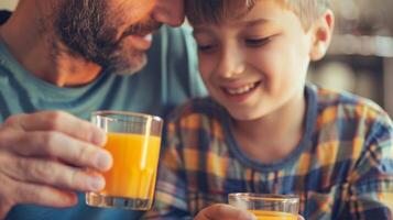 uma pai e filho partilha uma momento sobre óculos do recentemente espremido laranja suco foto