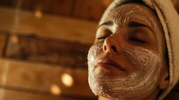 uma mulher cuidadosamente aplica-se uma natural facial mascarar enquanto dentro uma sauna levando vantagem do a calor para aberto acima dela poros e profundamente limpar dela pele. foto