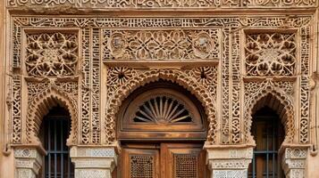 uma argila construção apresentando intrincadamente esculpido janelas e portas trabalhada de especializado artesãos usando antigo técnicas preservando a arte e cultura do argila prédio. foto