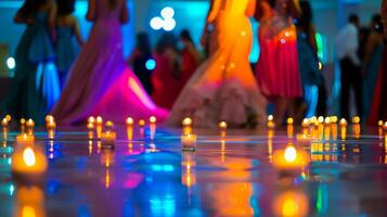 a tremeluzente chamas do a velas iluminar a dança chão destacando a vibrante cores do a alunos traje. 2d plano desenho animado foto