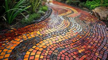 uma mosaico jardim caminho com cerâmico azulejos dentro tons do vermelho laranja e Castanho semelhante a uma enrolamento fluxo. foto