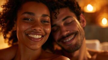 uma sorridente casal desfrutando uma casais massagem e sauna sessão juntos indulgente dentro uma romântico e mimos experiência. foto