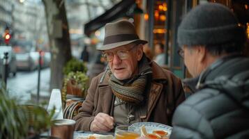 a Mais velho cavalheiro com confiança encomenda dentro francês às uma encantador bistro impressionante a garçom com dele pronúncia e fluência foto