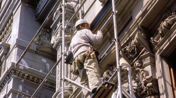 uma trabalhador cuidadosamente balanceamento em andaimes enquanto pintura a exterior do a construção foto