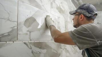 uma equipe do ladrilhadores habilmente instalando ampla mármore azulejos em uma banheiro parede dando a espaço uma luxuoso e elegante sentir foto