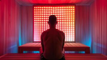 uma pessoa sentado dentro a infravermelho sauna com uma vermelho luz terapia painel atrás eles para aumentar a teutico efeitos e providenciar adicional alívio para triste sintomas. foto