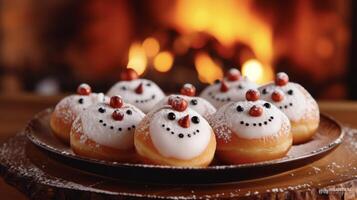 uma prato do fofo rosquinhas Empoeirado com em pó açúcar e decorado com alegre boneco de neve rostos p dentro frente do uma rugindo fogo. esses festivo guloseimas estão certo para caloroso seu coração a foto