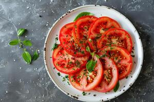 artístico arranjo do tomate fatias ventilado Fora em uma placa, topo visualizar, elegante apresentação foto