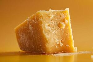fechar acima do uma cunha do envelhecido queijo cheddar queijo em uma suave gradiente fundo em transição a partir de Sombrio para luz laranja, enfatizando textura foto