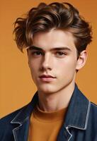 bonito jovem caucasiano masculino modelo com à moda cabelo posando dentro jeans Jaqueta contra a laranja pano de fundo, ideal para moda e aliciamento temas foto