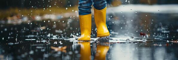 criança alegremente salpicos dentro uma poça vestindo brilhante amarelo chuva botas, chuvoso dia Diversão , esvaziar espaço para texto foto