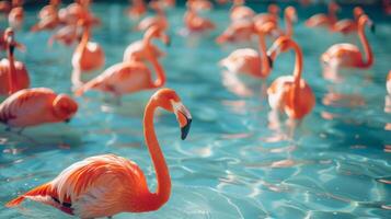 uma muitos do flamingo flutua dentro uma piscina foto
