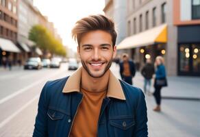 jovem à moda caucasiano homem sorridente em uma cidade rua às pôr do sol, perfeito para moda e estilo de vida conceitos relacionado para urbano outono foto