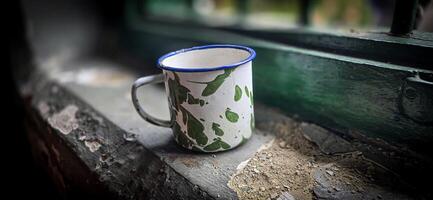 gelo chocolate beber em uma vintage indonésio ferro caneca com aleatória verde padronizar chamado blirik copo ou cangkir blirik em bokeh fundo ao longo com chocolate o preenchimento pão foto