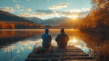 dois amigos desfrutando pôr do sol pescaria às uma montanha lago foto