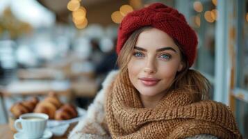 à moda jovem mulher dentro vermelho boina desfrutando café ao ar livre foto