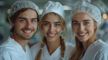 grupo do três jovem sorridente cirurgiões dentro cirúrgico vestuário foto