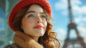 jovem mulher dentro vermelho boina desfrutando inverno dia dentro Paris foto