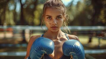 jovem mulher Treinamento dentro boxe com azul luvas ao ar livre foto