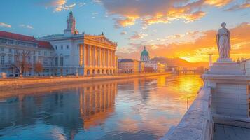 pôr do sol sobre austríaco parlamento construção com Atenas estátua foto
