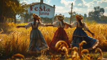 tradicional festa junina celebração com mulheres dançando dentro vibrante vestidos foto