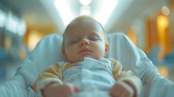 sereno recém-nascido bebê dormindo pacificamente dentro suave iluminação foto