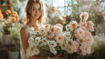 jovem mulher desfrutando floral arranjo dentro ensolarado quarto foto