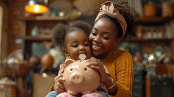 sorridente africano americano mãe ensino jovem filha para Salve  dinheiro com porquinho banco foto