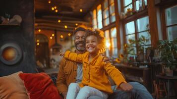 alegre pai e filha partilha uma momento dentro de casa foto