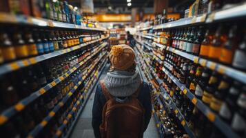 homem escolhendo Cerveja a partir de grande supermercado álcool seleção foto