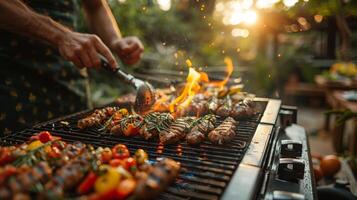 homem cozinhando delicioso churrasco em moderno gás grade ao ar livre foto