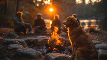 amigos desfrutando uma pôr do sol de a lago com seus dourado retriever foto