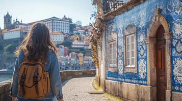 jovem mulher turista explorando Português Cidade perto lado a lado Igreja foto