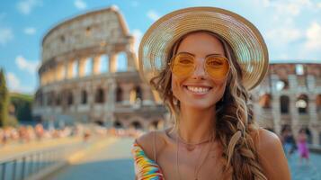 alegre mulher vestindo oculos de sol às a Coliseu dentro Roma foto