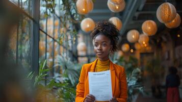 jovem africano mulher segurando currículo dentro à moda cafeteria foto