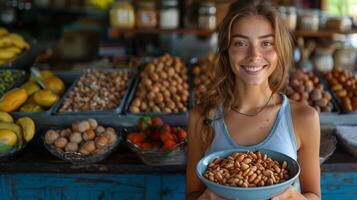 jovem mulher segurando tigela do Brasil nozes às uma mercado foto